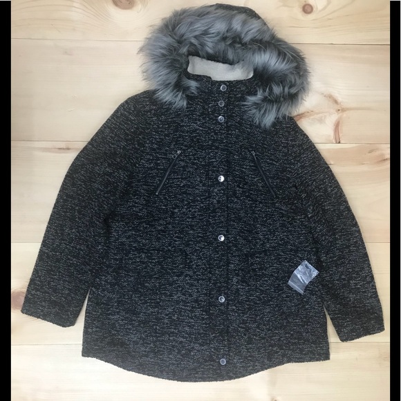 Nautica Novelty Wool Faux Fur Trim Hood Black/grey - Picture 1 of 8